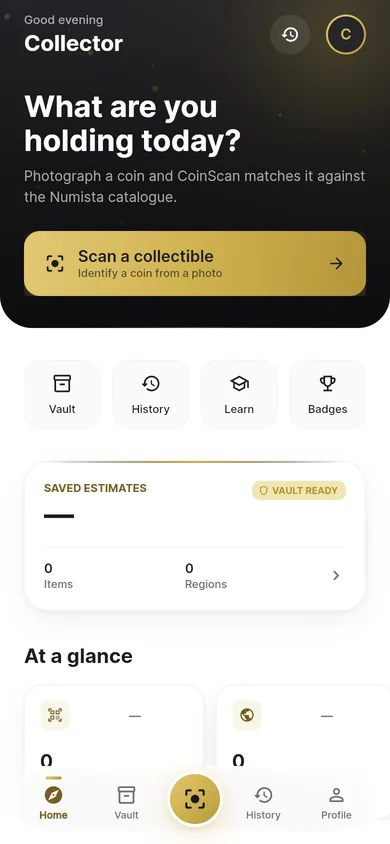 CoinScan home screen with the Scan a collectible button and shortcuts to Vault, History, Learn and Badges