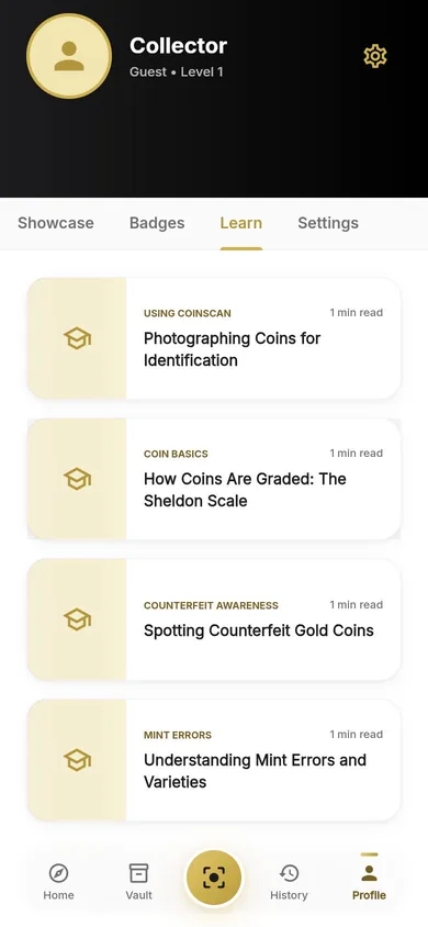 CoinScan Learn tab with guides on photographing coins, the Sheldon grading scale, counterfeit gold coins and mint errors